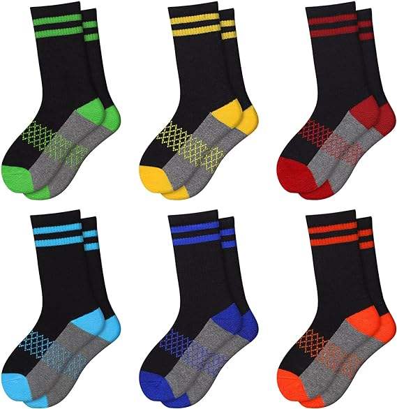 EALLCO Kids Crew Socks Cushioned Athletic Soft Socks Colorful Comfortable Sport Socks For Kids 6 pairs