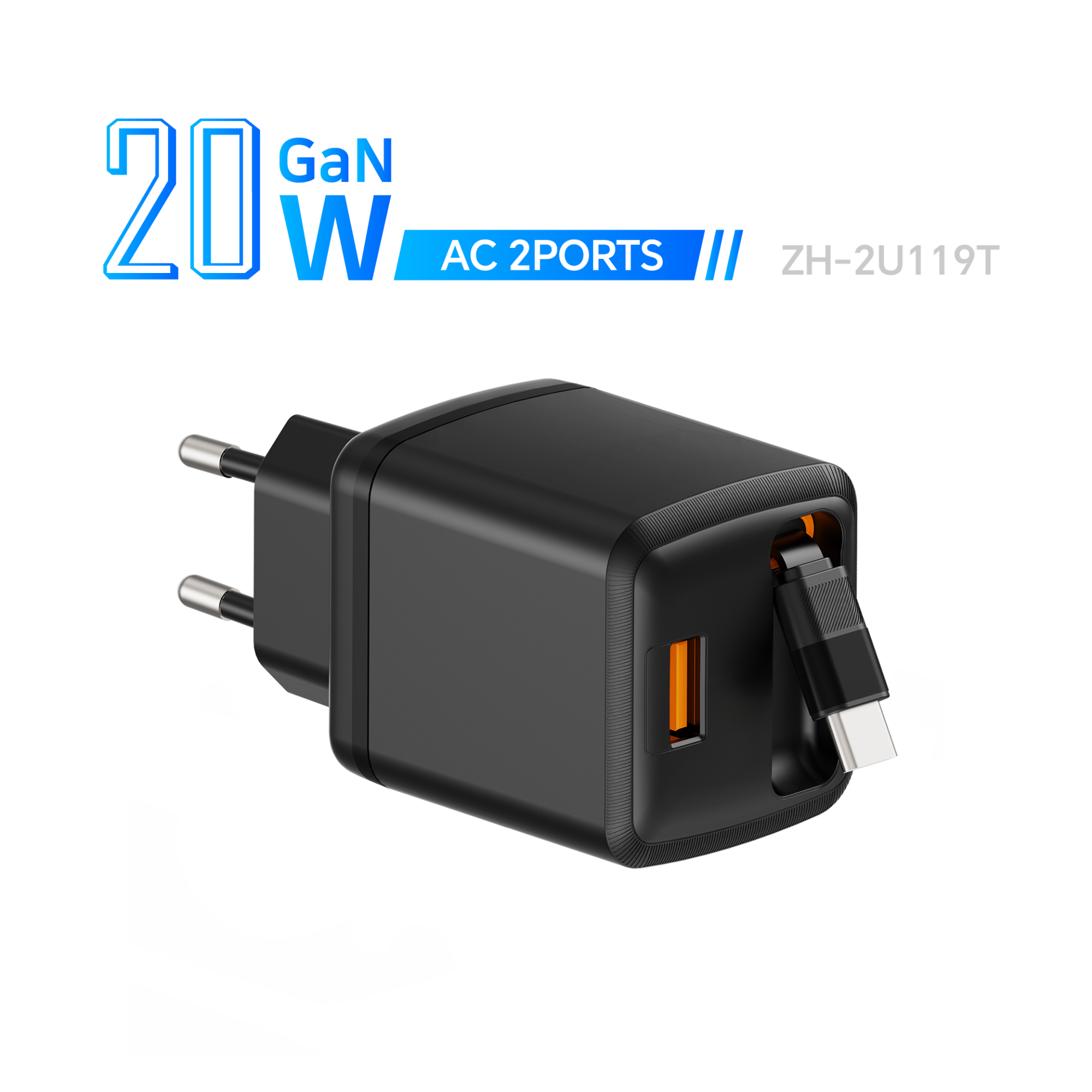 Zonhope GaN Retractable Charger Series 20W AC Fast Charger