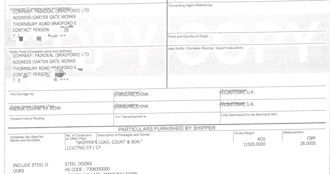 [BRADFORD, England]the 121 sets of steel doors supply contract signed with FAIRDEAL (BRADFORD) LTD has been successfully completed