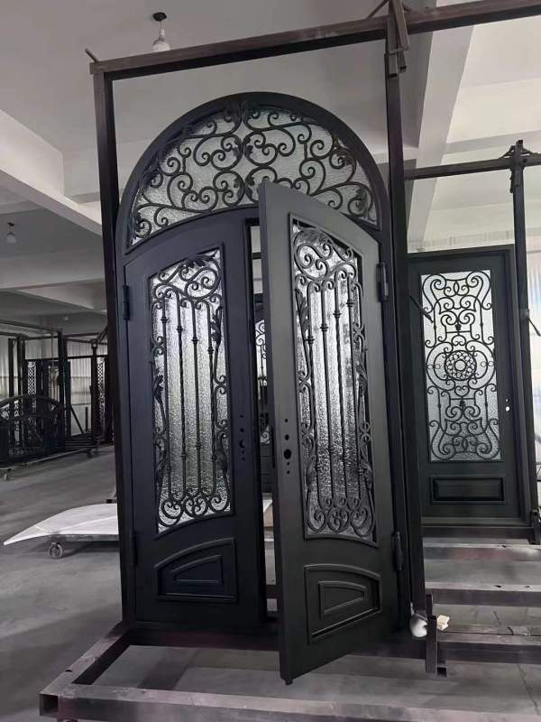 double wrought iron front door with Arc transom in black color