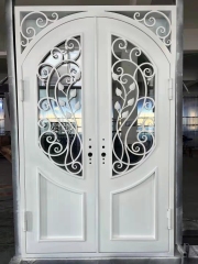 double wrought iron front door in white color