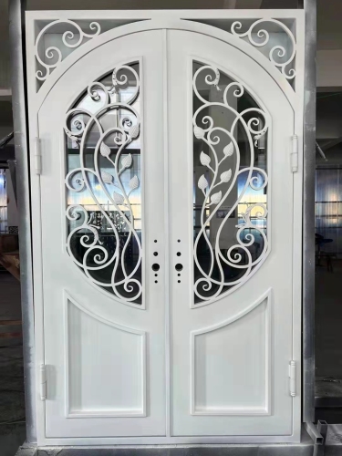 double wrought iron front door in white color