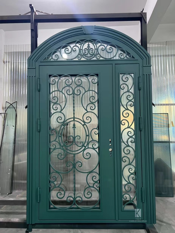 double wrought iron front door in green color