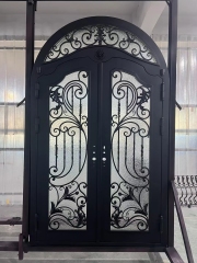 double wrought iron front door with Arc transom in black color