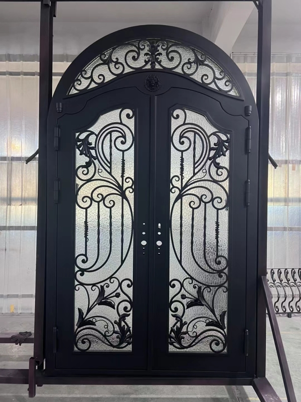 double wrought iron front door with Arc transom in black color