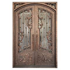 Double panel wrought iron front entry door with arc top in brown color