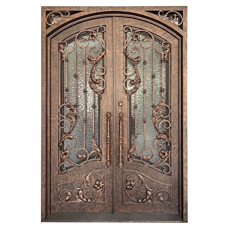 Double panel wrought iron front entry door with arc top in brown color