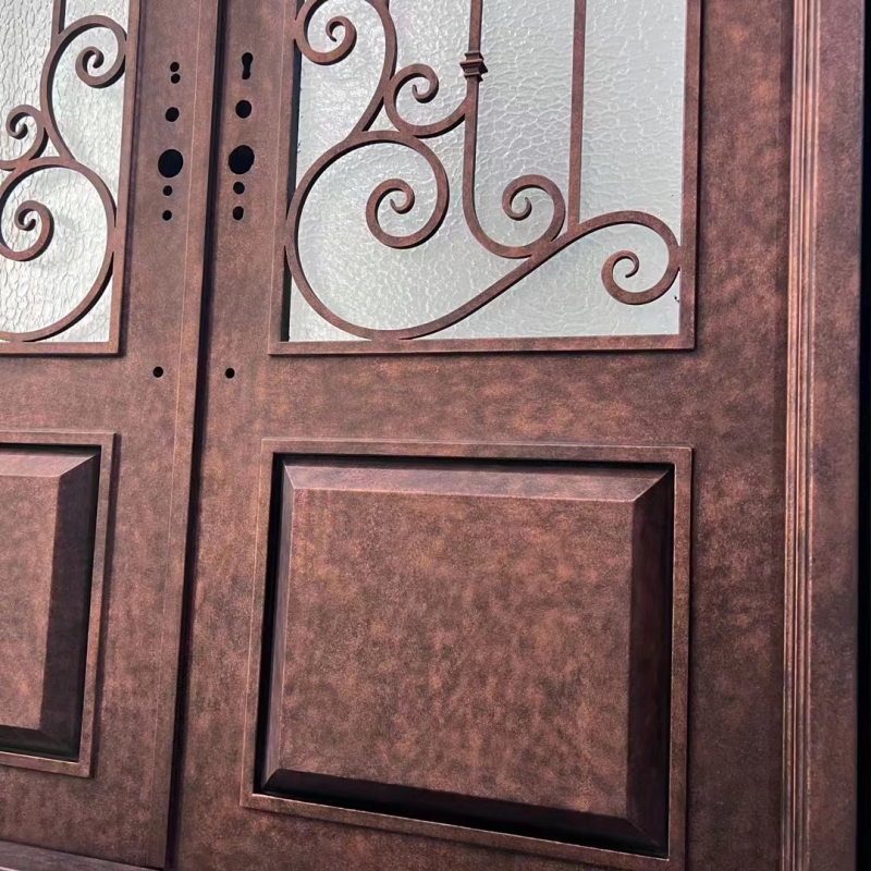 double wrought iron front door in brown color