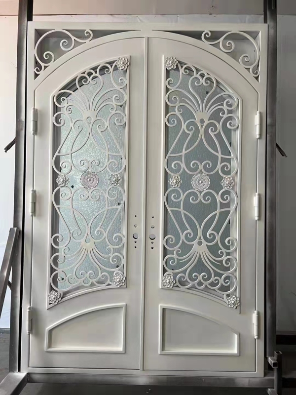 double wrought iron front door in white color