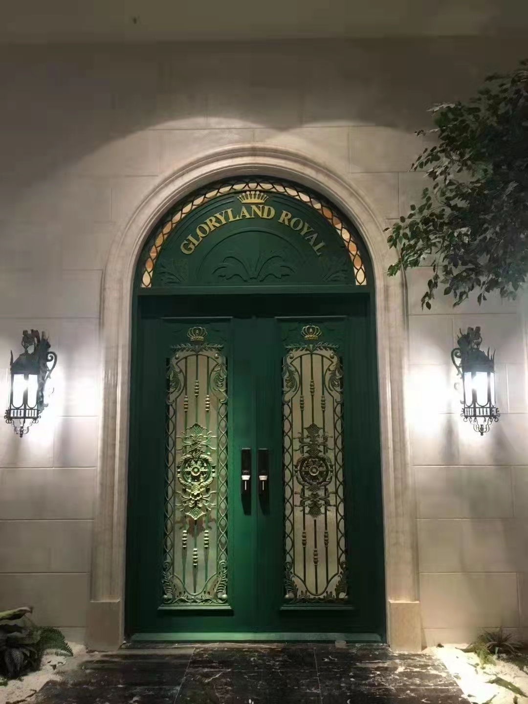 double wrought iron front door in green color