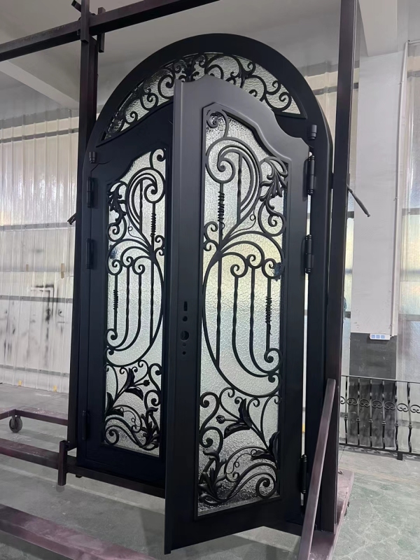 double wrought iron front door with Arc transom in black color