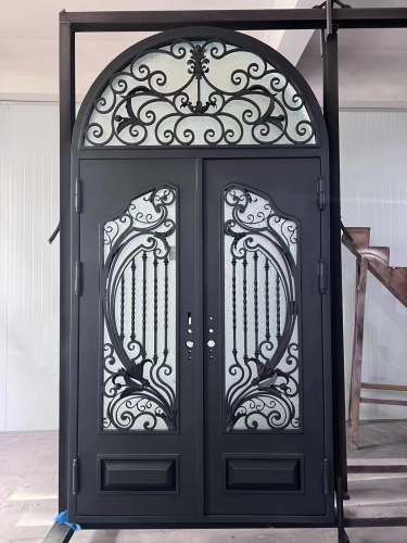 double wrought iron front door with Arc transom in black color