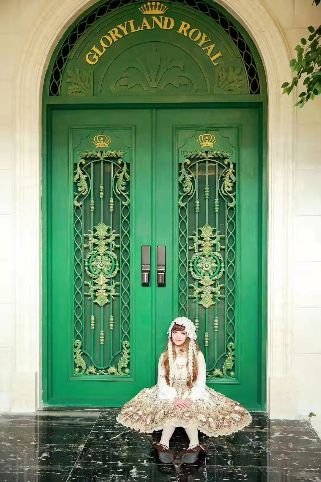 double wrought iron front door in green color