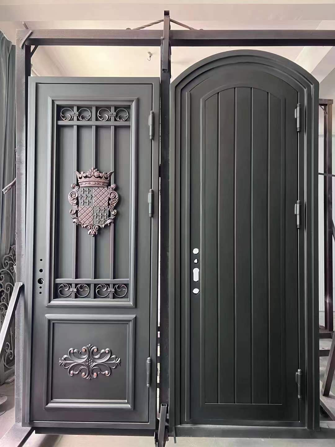 Single panel with both sidelights wrought iron front entry door