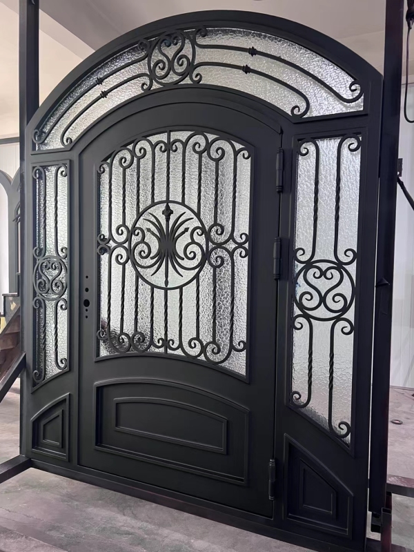 Single panel with both sidelights wrought iron front entry door