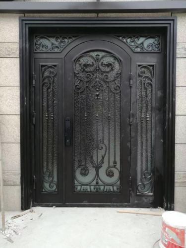 Single panel with both sidelights wrought iron front entry door