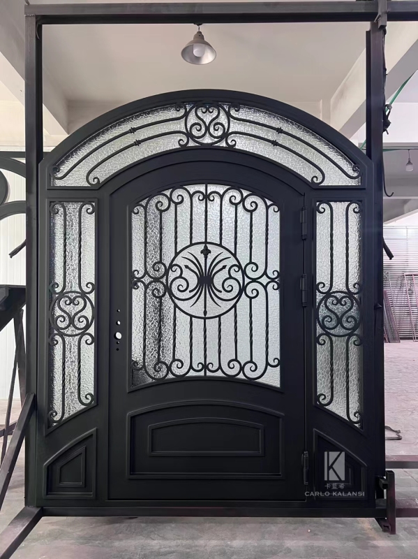 Single panel with both sidelights wrought iron front entry door