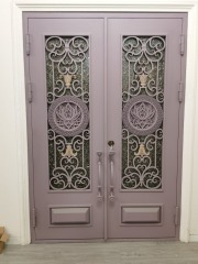 Double panel wrought iron front entry door with square top in purple color