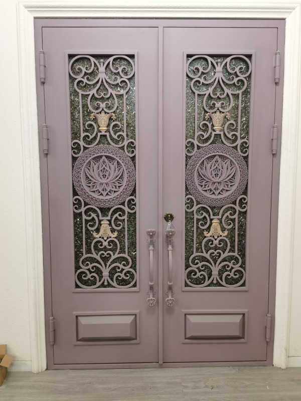 Double panel wrought iron front entry door with square top in purple color