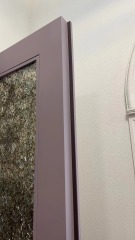 Double panel wrought iron front entry door with square top in purple color