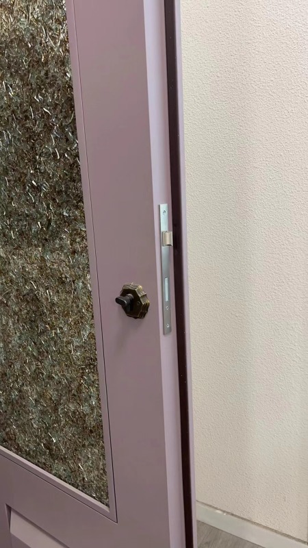 Double panel wrought iron front entry door with square top in purple color