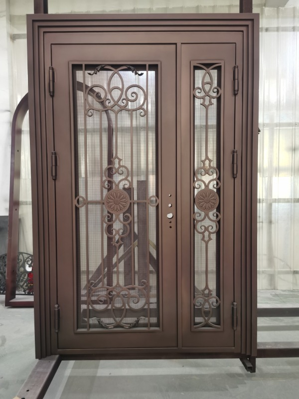 Wrought Iron Door Frame House Main Entrance Dark Brown Steel Door for Villa