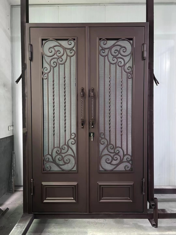 Wrought Iron Door Frame House Main Entrance Dark Brown Steel Door for Villa