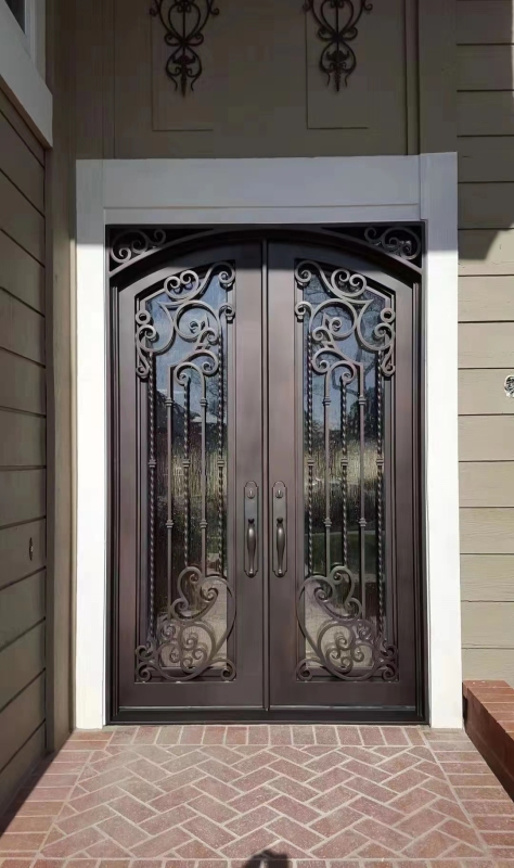 Wrought Iron Door Frame House Main Entrance Dark Brown Steel Door for Villa