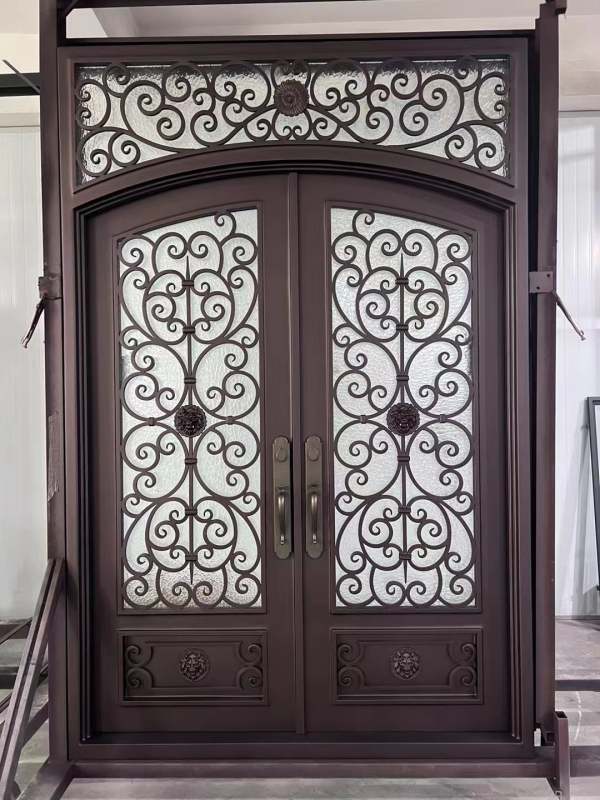 Wrought Iron Door Frame House Main Entrance Dark Brown Steel Door for Villa