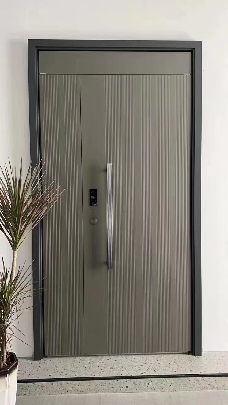Modern Luxury Front door House Exterior Steel Front Entry Doors With golden insert plate and Smart Lock