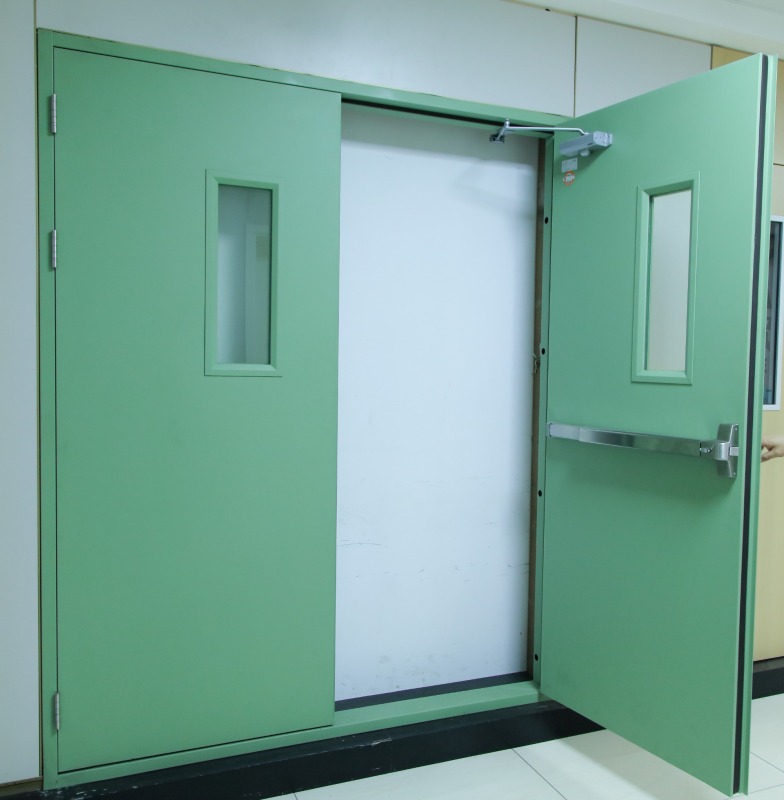 UL Certificated Fire rated emergency exit door steel double fireproof door with panic bar & trim