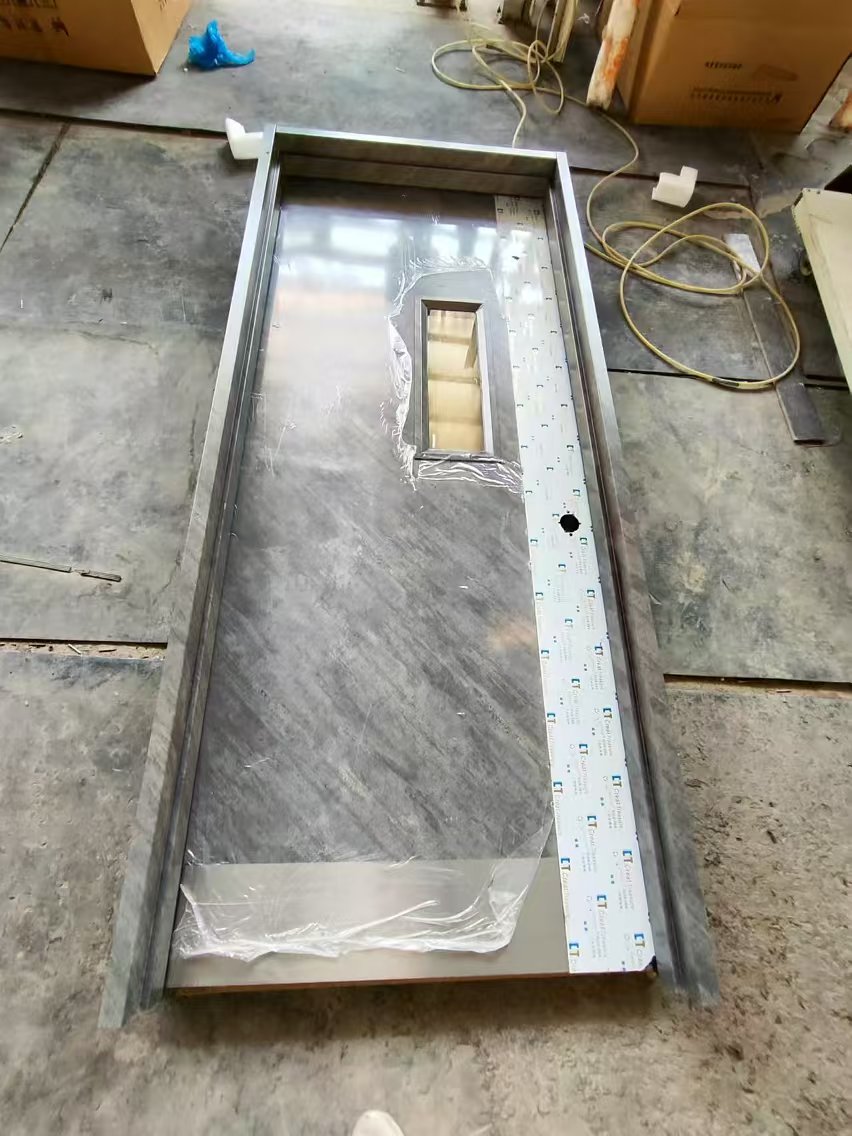 Rock board style UL fire rated steel doors with KD frame and mirror S.S plate & kick plate