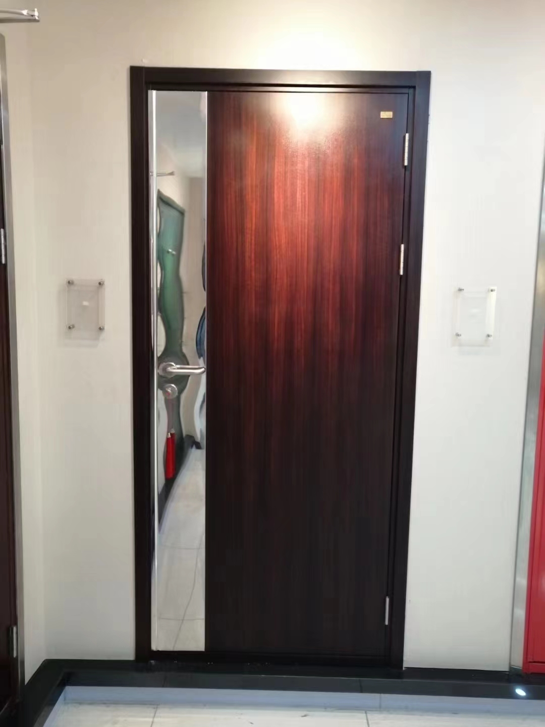 Wooden look UL fireproof steel doors with knock down metal frame with S.S side plate & kick plate