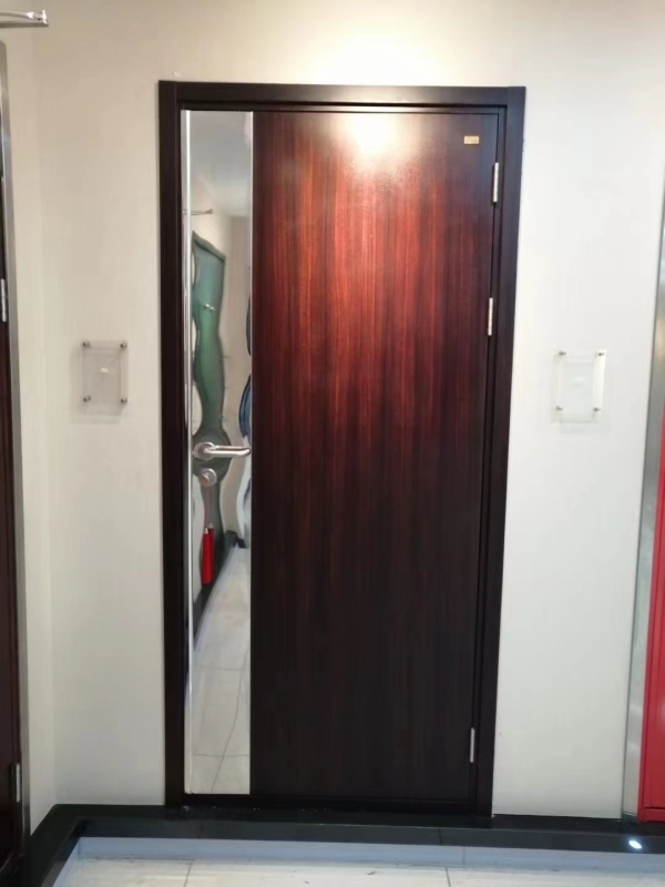 Wooden look UL fireproof steel doors with knock down metal frame with S.S side plate & kick plate