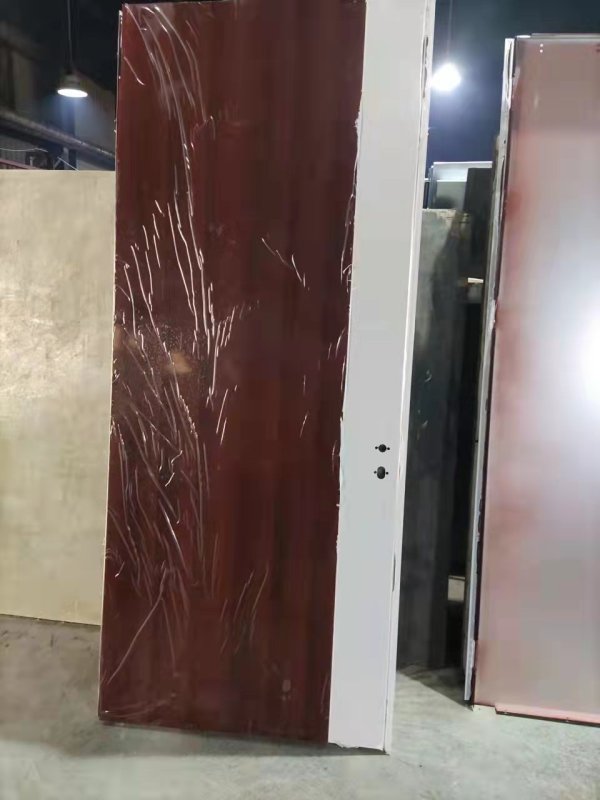 Wooden look UL fireproof steel doors with knock down metal frame with S.S side plate & kick plate