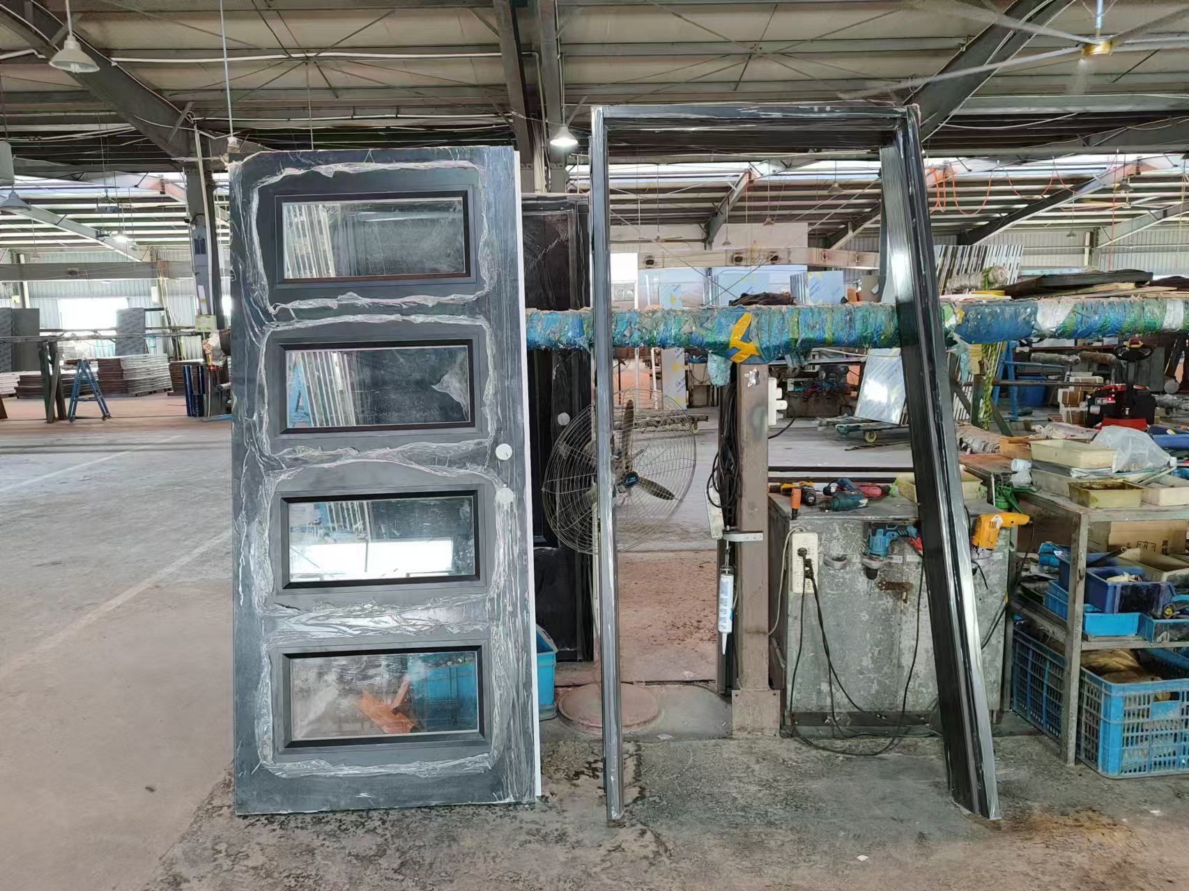 4-Lite Contemporary 80" Tall Mahogany Single Entry Fireproof Door with Insulated Fire Rated Glass