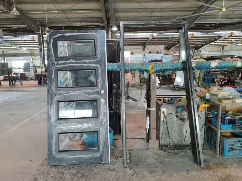 4-Lite Contemporary 80" Tall Mahogany Single Entry Fireproof Door with Insulated Fire Rated Glass