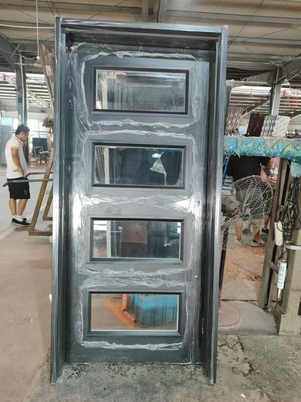 4-Lite Contemporary 80" Tall Mahogany Single Entry Fireproof Door with Insulated Fire Rated Glass