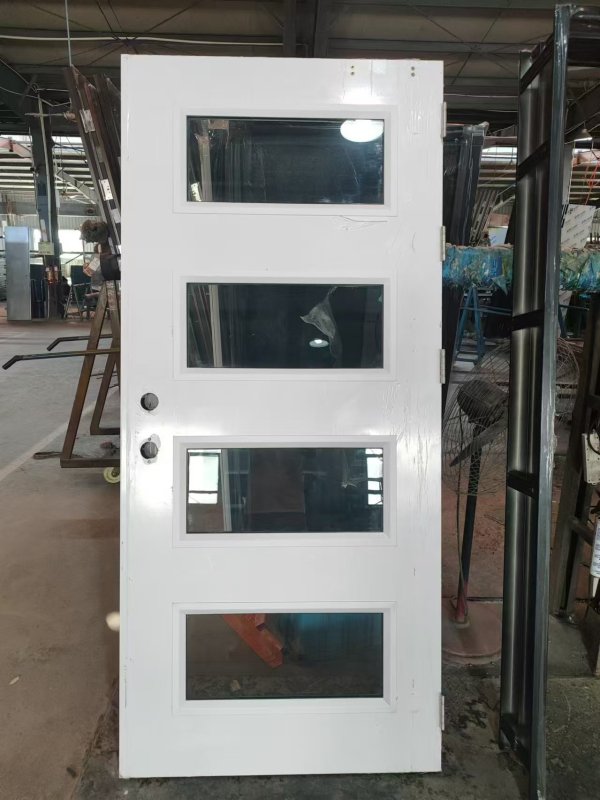 4-Lite Contemporary 80" Tall Mahogany Single Entry Fireproof Door with Insulated Fire Rated Glass