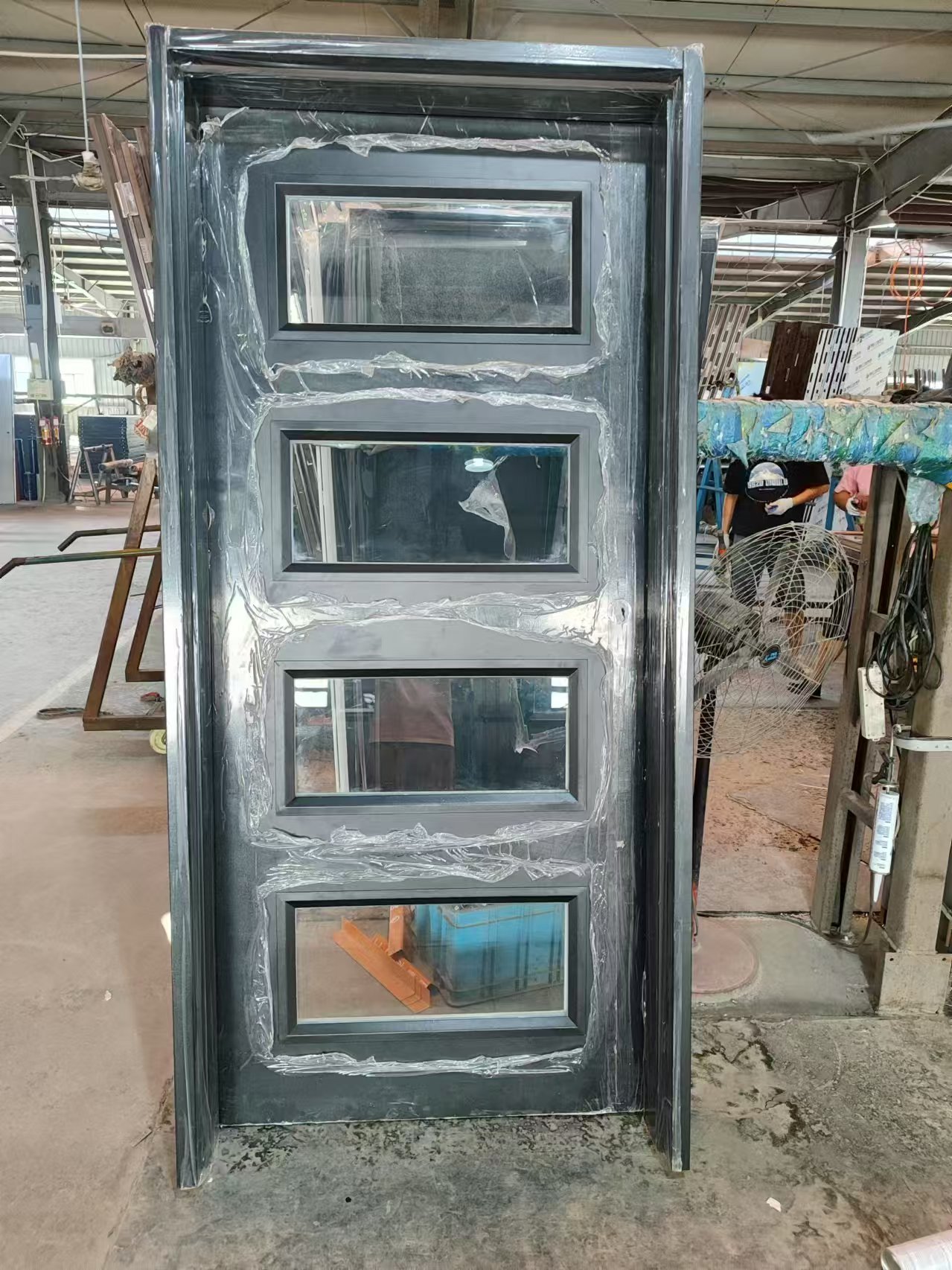 4-Lite Contemporary 80" Tall Mahogany Single Entry Fireproof Door with Insulated Fire Rated Glass