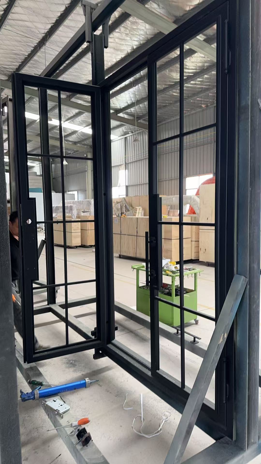 Double iron front glass door with transom