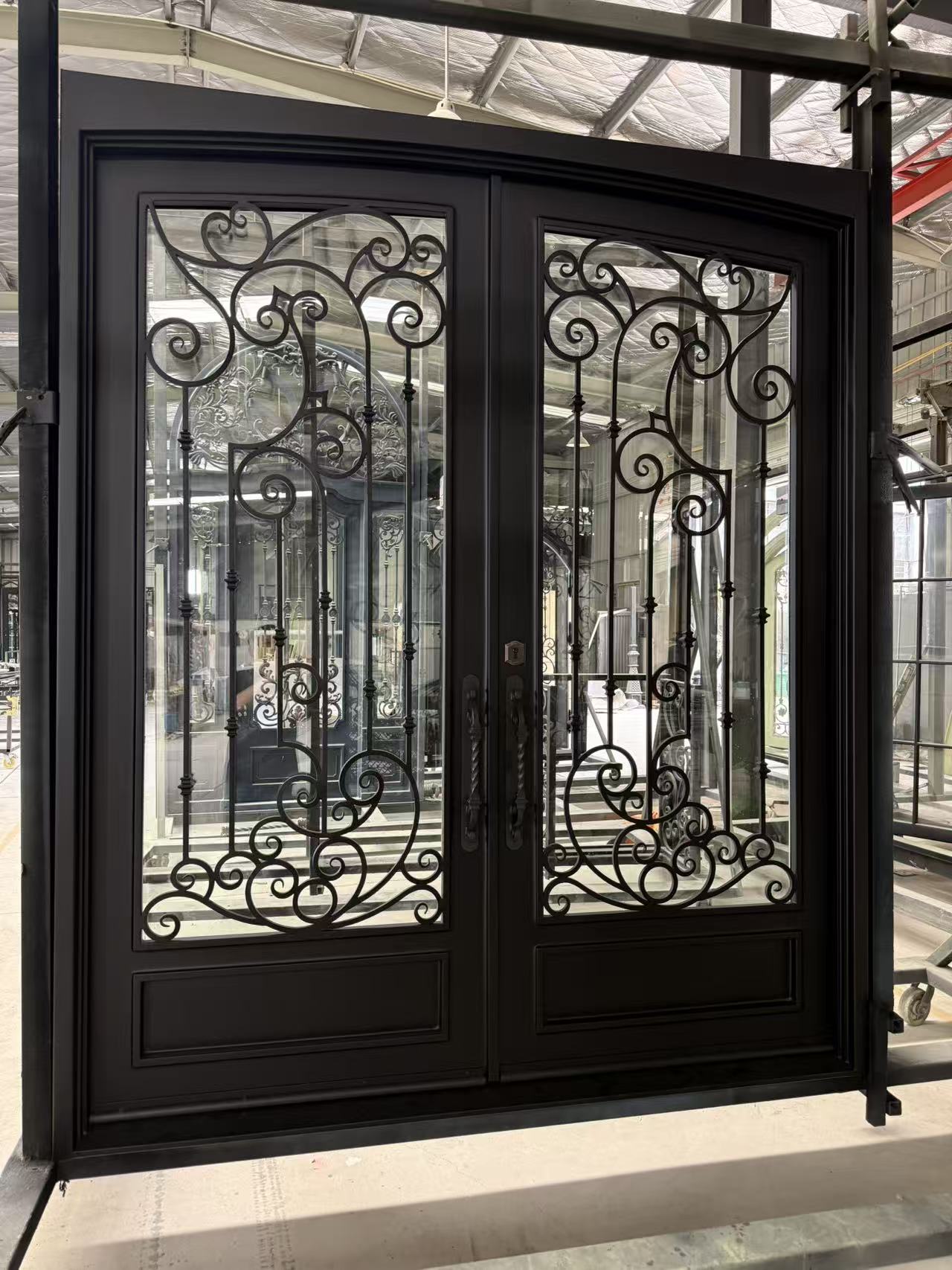 8'x10' Wrought Iron Double Front Door with Side Lites and Screen Door