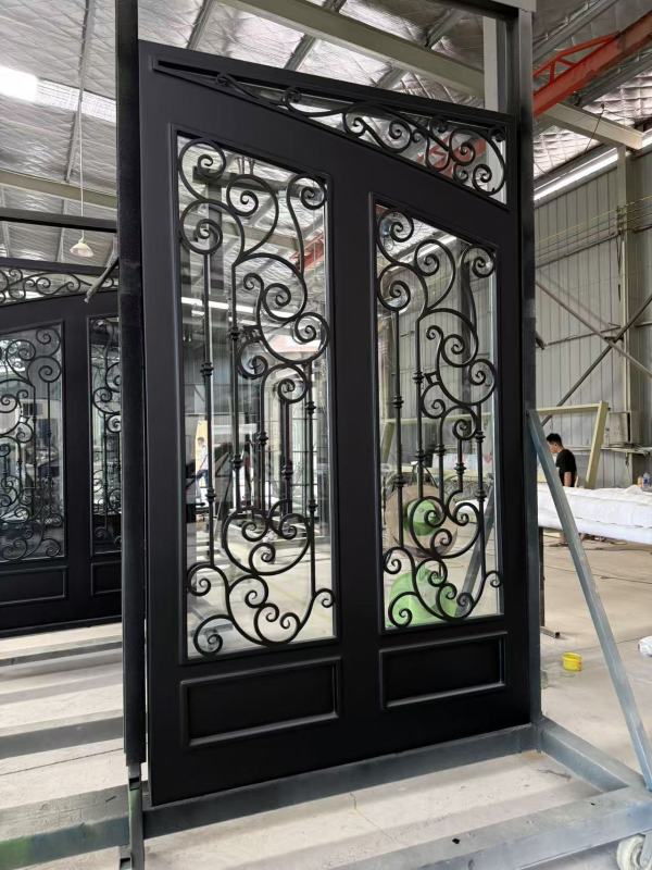 8'x10' Wrought Iron Double Front Door with Side Lites and Screen Door