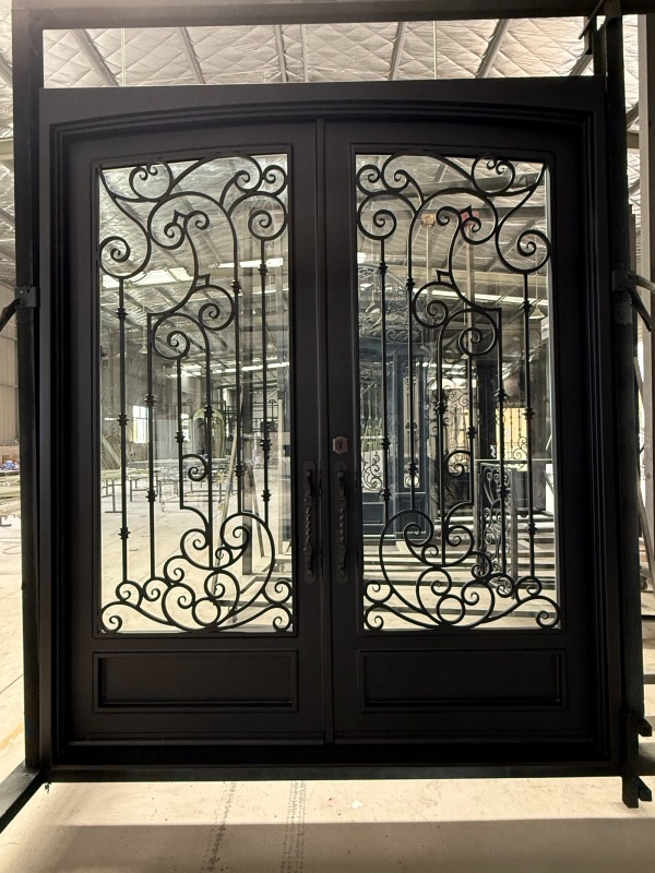8'x10' Wrought Iron Double Front Door with Side Lites and Screen Door