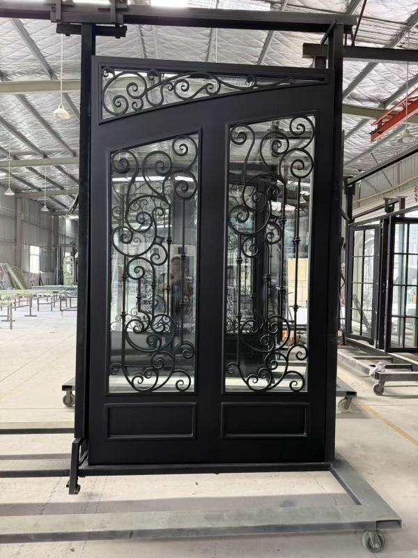 8'x10' Wrought Iron Double Front Door with Side Lites and Screen Door