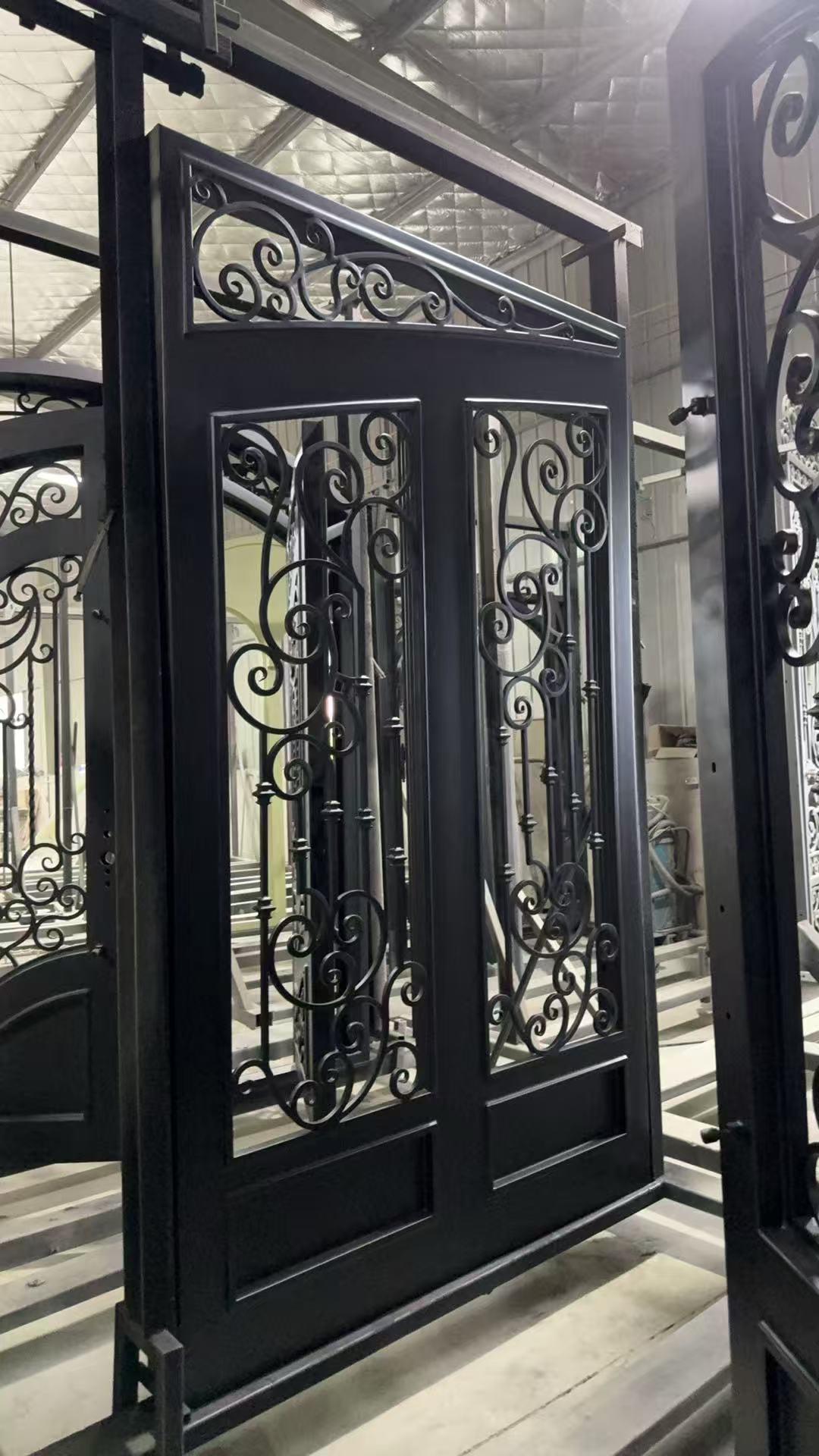 8'x10' Wrought Iron Double Front Door with Side Lites and Screen Door