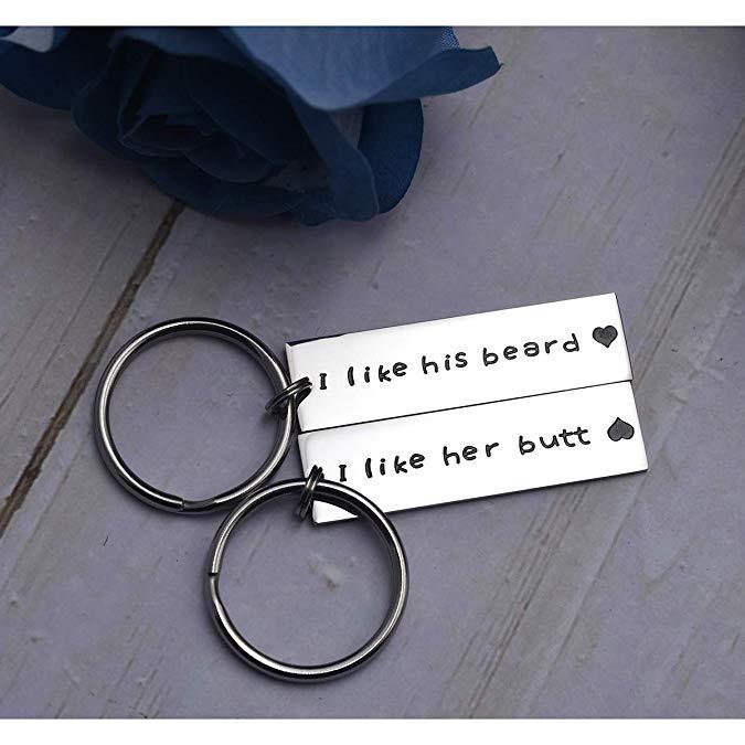 I Like Her Butt I Like His Beard Rectangle Key Chain Husband Wife Boyfriend Girlfriend Couple Gifts Anniversary Key Chains Valentine's Day Bearded Men
