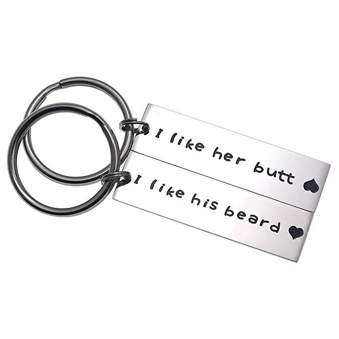 I Like Her Butt I Like His Beard Rectangle Key Chain Husband Wife Boyfriend Girlfriend Couple Gifts Anniversary Key Chains Valentine's Day Bearded Men