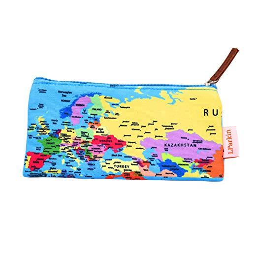 World Map Pencil Case Students Capacity Canvas Pencil Case Pen Bag Pouch