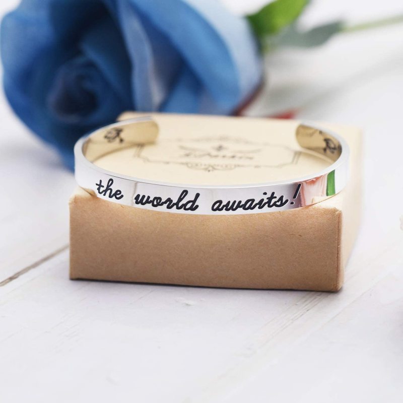 LParkin Graduation Gift for Him Her The World Awaits Bracelet Class of 2020 Cuff Inspirational Gifts for Women Gifts